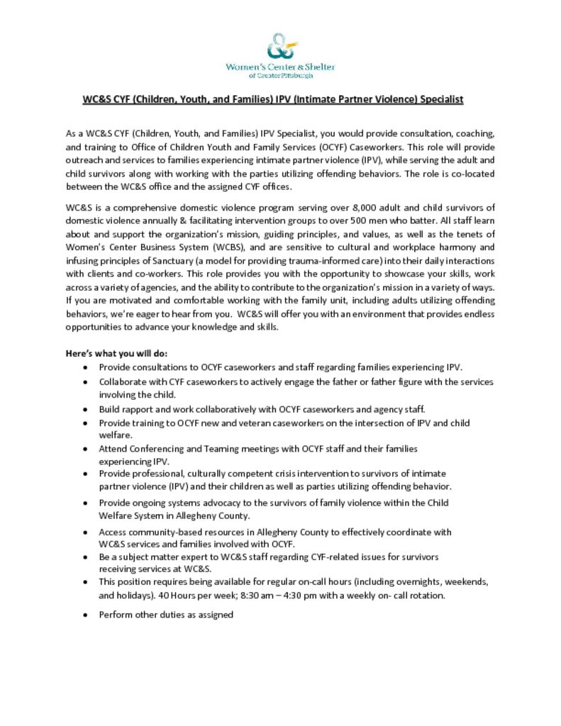 thumbnail of WCS_CYF (Children Youth and Families) IPV (Intimate Partner Violence) Specialist Job Posting